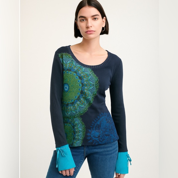 Desigual Blue Green Mandala Print Long Sleeve Top Women’s Medium Boho Chic - Picture 1 of 10
